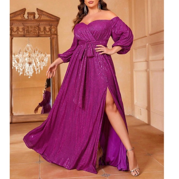 Dresses & Skirts - Plus Sequin Off Shoulder Belted 3/4 Sleeve Party Wedding Dress